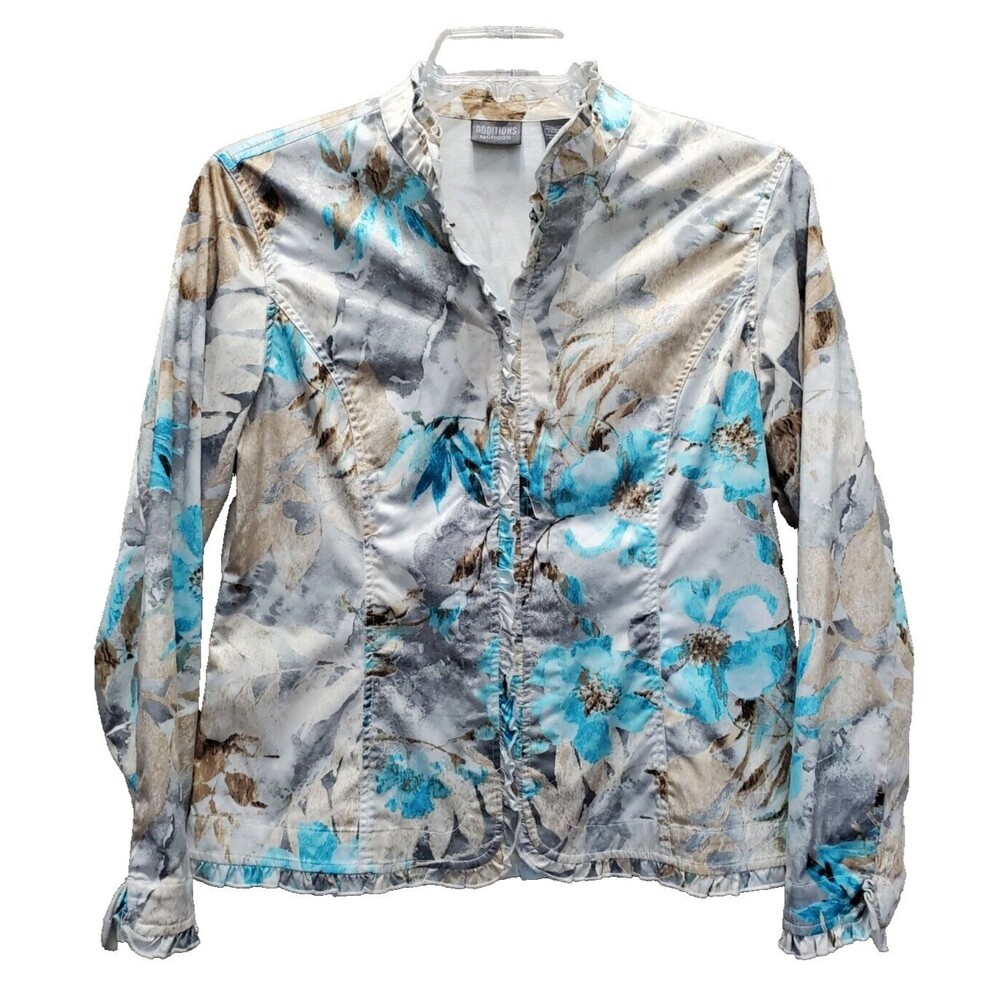 Chico's Cotton Blend Floral Ruffle Hook & Eye Closure Long Sleeve Jacket Sz 2 L